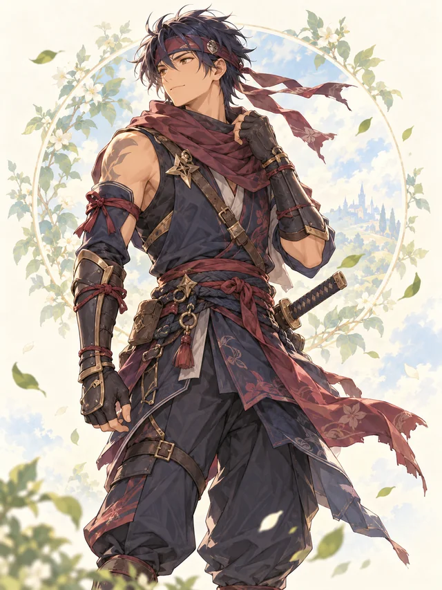 Representação ilustrativa da família Ninja em trajes de aventura.