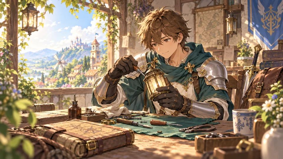 Arte ilustrativa de ferramentas e um diário de orientação; não representa uma tela do launcher.